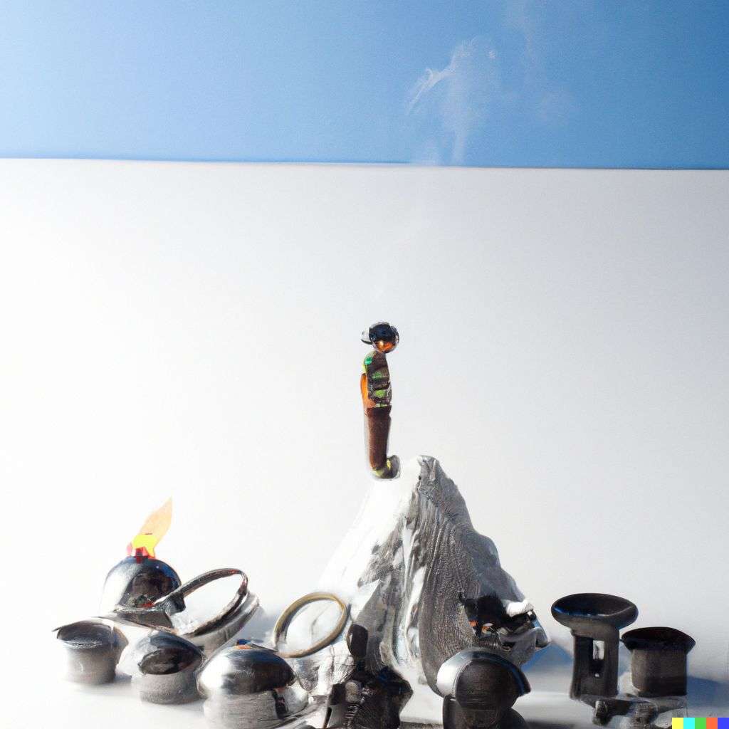 someone gazing at Mount Everest made from miniature kitchen utensils